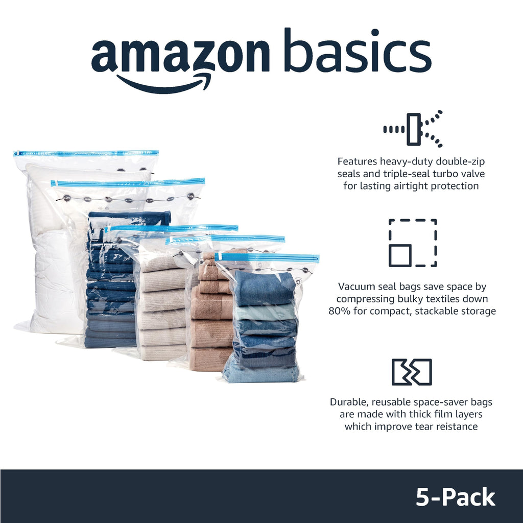 Amazon basics vakuumpåse för kläder med lufttät ventil och handpump – stor, 5-pack, dragkedja, transparent
