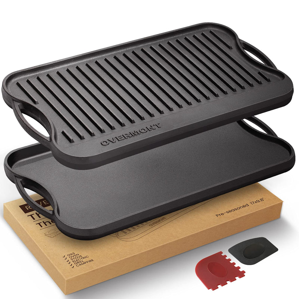 OVERMONT Gjutjärnsplatta, grillplatta, gjutjärn, dubbelsidig – grill med handtag 43,2 x 24,9 cm – för grill, spis, träkolgrill, gasgrill
