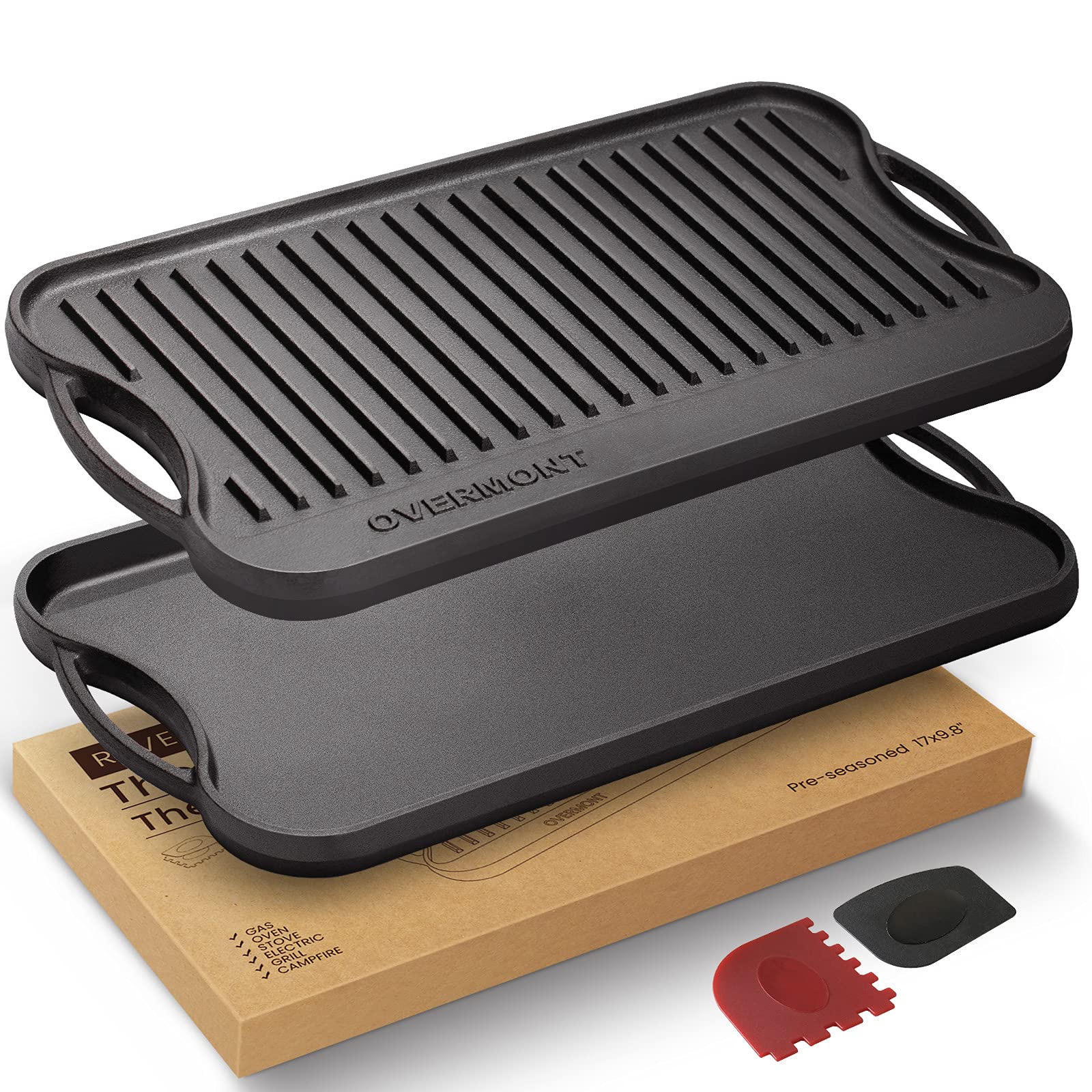 OVERMONT Gjutjärnsplatta, grillplatta, gjutjärn, dubbelsidig – grill med handtag 43,2 x 24,9 cm – för grill, spis, träkolgrill, gasgrill