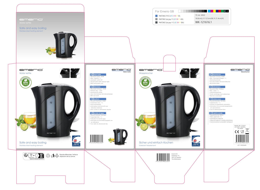 Emerio Vattenkokare, 1,0 liter, 900 watt, vattennivåindikator, BPA-fritt, torrgåsskydd, upplyst på/av-brytare, perfekt för hem, camping eller kontor, WK-121616.1, svart