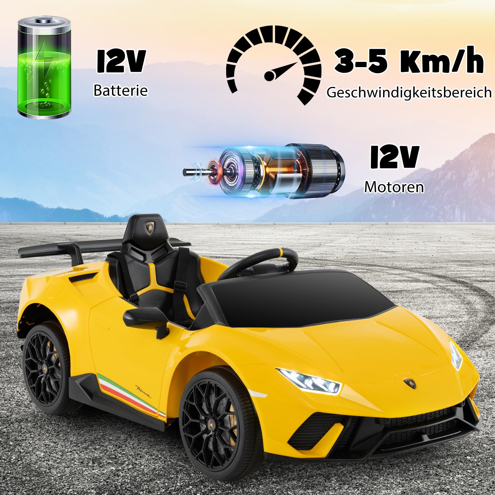 COSTWAY Elektrisk bil Lamborghini, 12 V elektrisk barnbil med fjärrkontroll och LED-lampor och tuta och musik och USB, 3-växlad elfordon 3–5 km/h, elbil för barn från 3 år (gul)