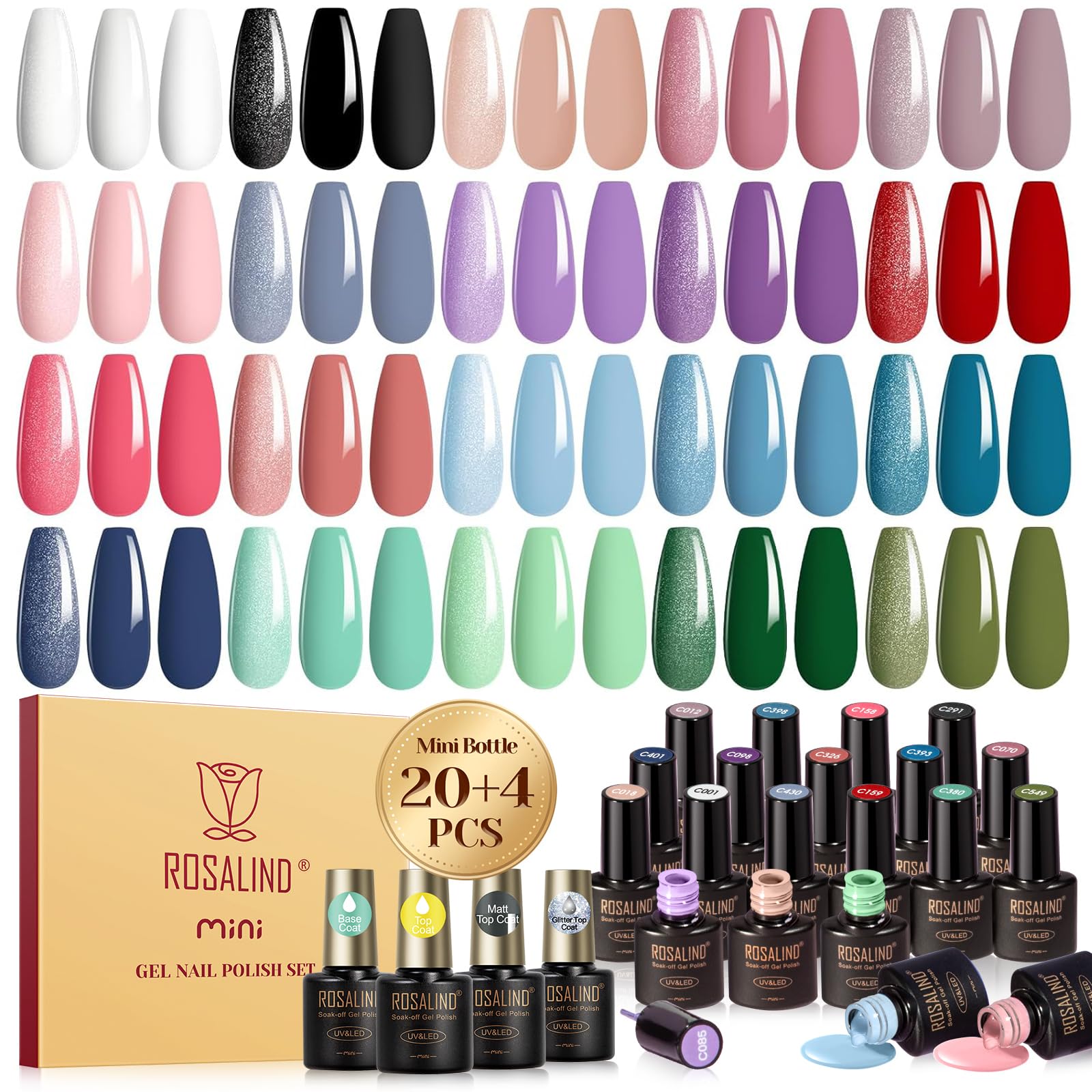ROSALIND UV-nagellacksset, 24 stycken gel nagellack vit svart naken lila blå grön