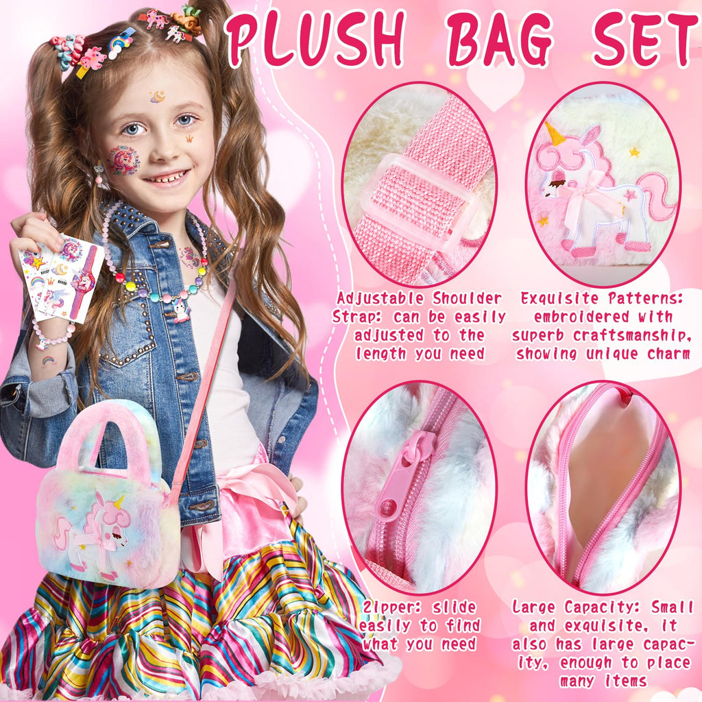Enhörning smycken barn flicka handväska, enhörningsväska med smyckeset, enhörning flicka leksak, barn flickor smycken 3–9 år, enhörningsväska med hårklämma, armband, halsband, ring