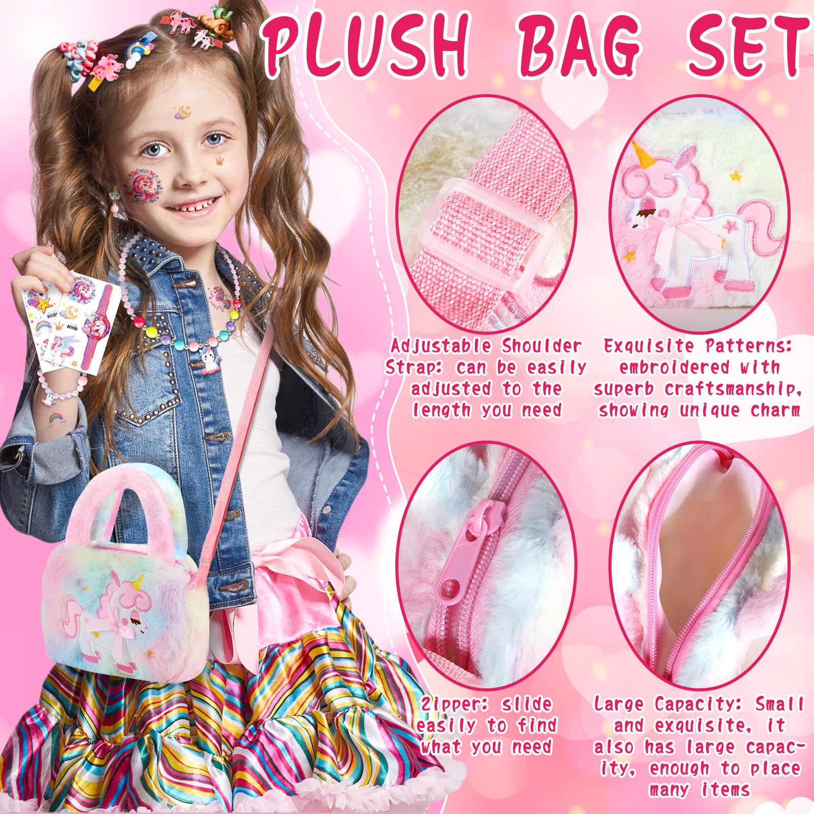 Enhörning smycken barn flicka handväska, enhörningsväska med smyckeset, enhörning flicka leksak, barn flickor smycken 3–9 år, enhörningsväska med hårklämma, armband, halsband, ring