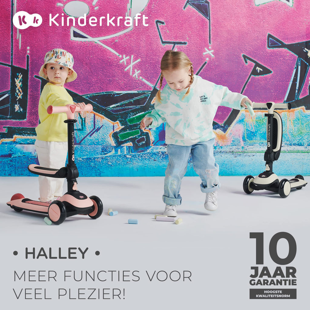 Kinderkraft HALLEY, Sparkcykel 2-i-1, Skoter, Barnskoter, Löpcykel, Trehjulg, Kickbike, Höjdjusterbar, LED Hjul, Modern, Från 2 år till 50 kg, Vit