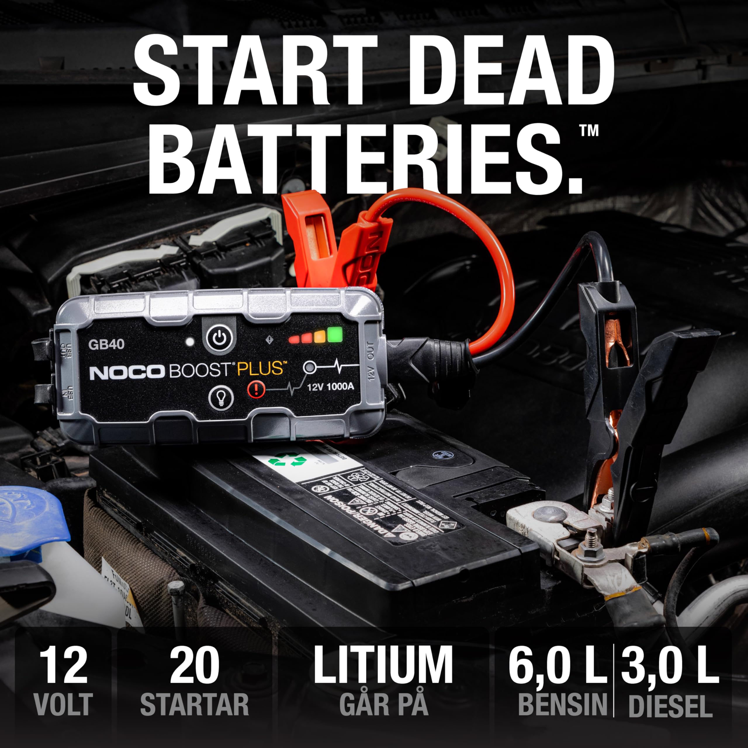 NOCO Boost Plus GB40 1000A 12V UltraSafe Litium-Starthjälp, Boosterpaket, Bil Startbooster, Bärbar Powerbank Laddare och Startkablar för Bensinmotorer upp till 6L och Dieselmotorer upp till 3L