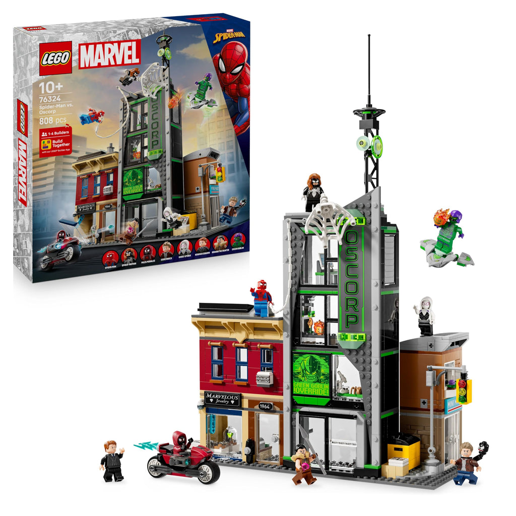LEGO Marvel Spider-Man mot Oscorp, Byggset för barn, Innehåller minifigurer av Spider-Woman, Miles Morales, Ghost-Spider och Green Goblin, Present för pojkar och flickor att samla 76324