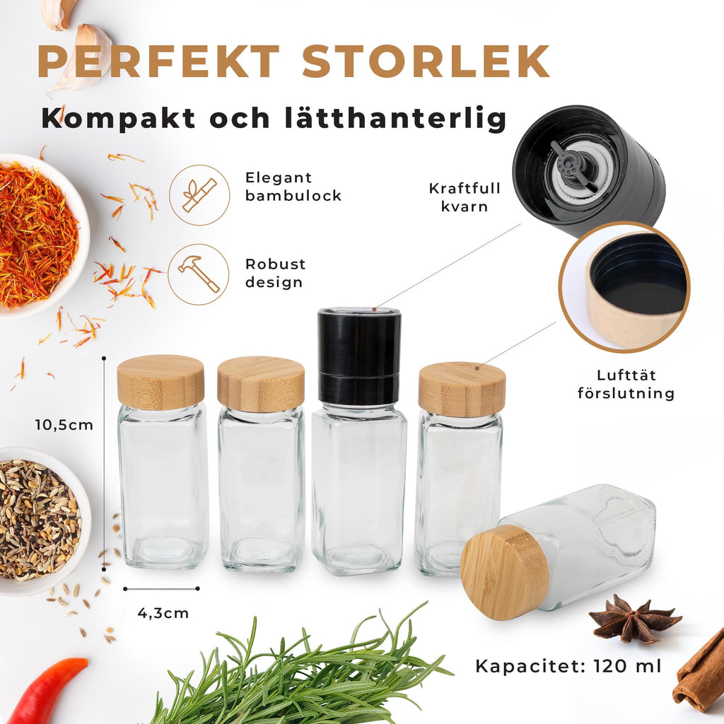 Comforder – Kryddburkar i Glas med Trälock – 336 Svenska Etiketter – 24-pack – 120 ml – Med Tillbehör (Bamboo)