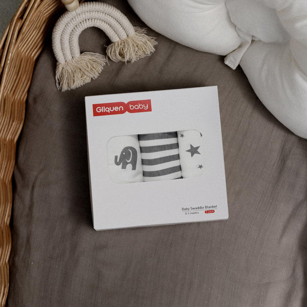 GLLQUEN BABY Filt för inlindning, för bebisar på 0–3 månader, sovsäck för småbarn, unisex, set med 3 lindor, 100 % ekologisk bomull (ny grå)