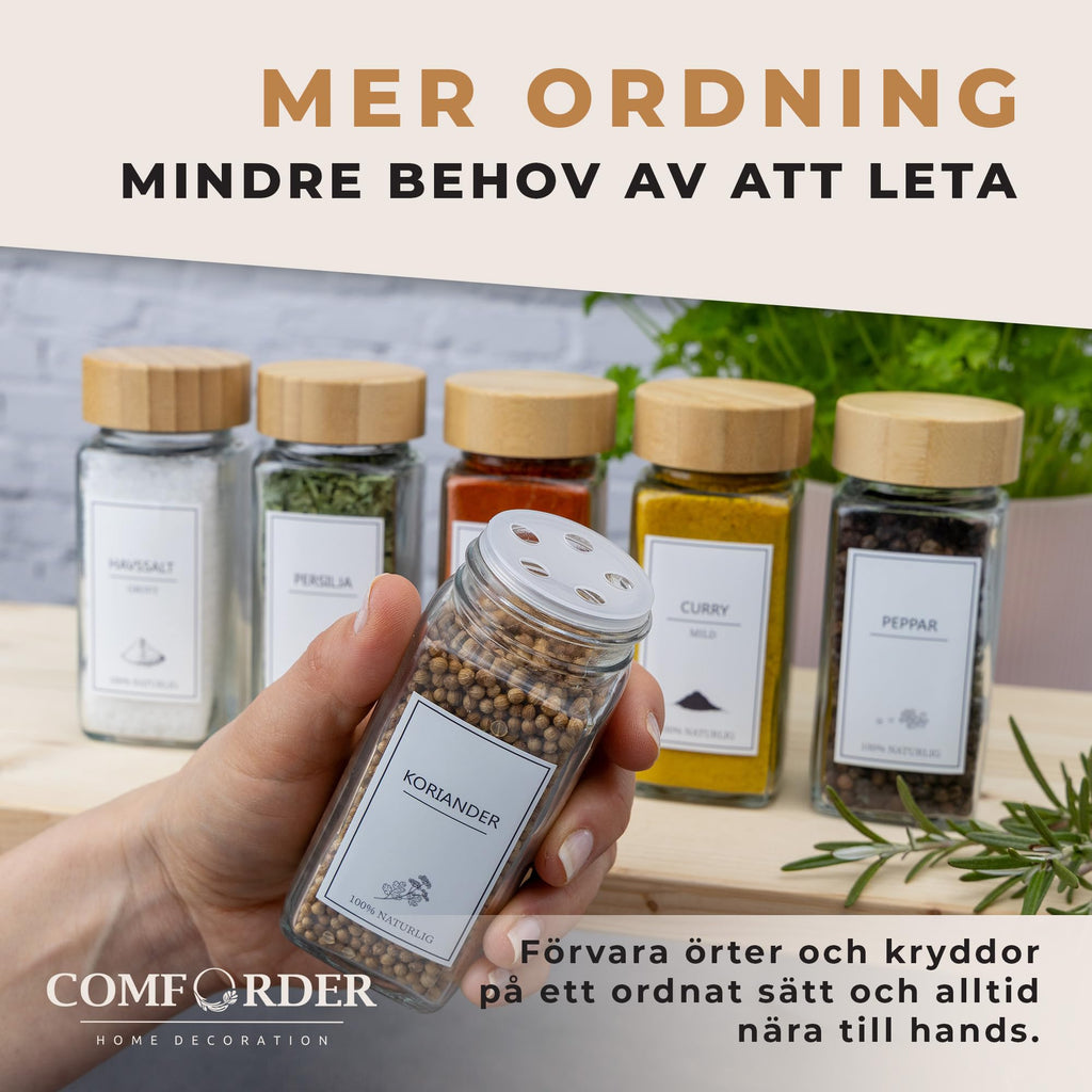 Comforder – Kryddburkar i Glas med Trälock – 336 Svenska Etiketter – 24-pack – 120 ml – Med Tillbehör (Bamboo)