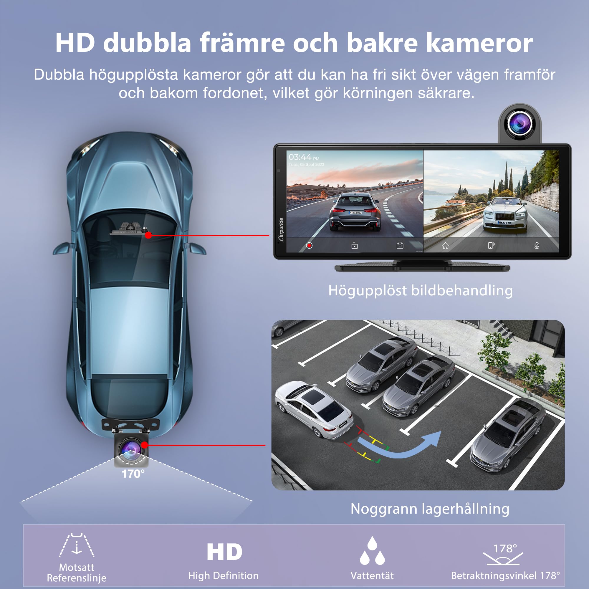 Carpuride Wireless Carplay & Android Auto med Dash Cam - 10,26" HD IPS Touch Car Play-skärm för bil, 4K Front & 1080P Bakre kamera, Loop Recording, Bluetooth Audio, Mirror Link, GPS, Siri
