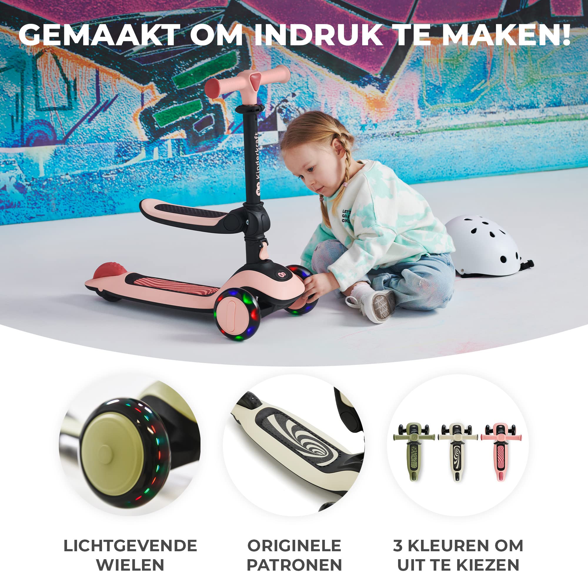 Kinderkraft HALLEY, Sparkcykel 2-i-1, Skoter, Barnskoter, Löpcykel, Trehjulg, Kickbike, Höjdjusterbar, LED Hjul, Modern, Från 2 år till 50 kg, Vit