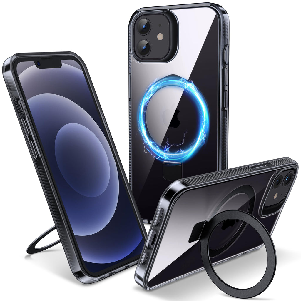Magnetiskt skal för iPhone 12/12 Pro – inbyggt osynligt stativ, kompatibelt med MagSafe, militärklassat stötskydd, hård baksida med silikonkanter, gulnar inte, 6,1 tum, genomskinlig svart