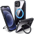 Magnetiskt skal för iPhone 12/12 Pro – inbyggt osynligt stativ, kompatibelt med MagSafe, militärklassat stötskydd, hård baksida med silikonkanter, gulnar inte, 6,1 tum, genomskinlig svart