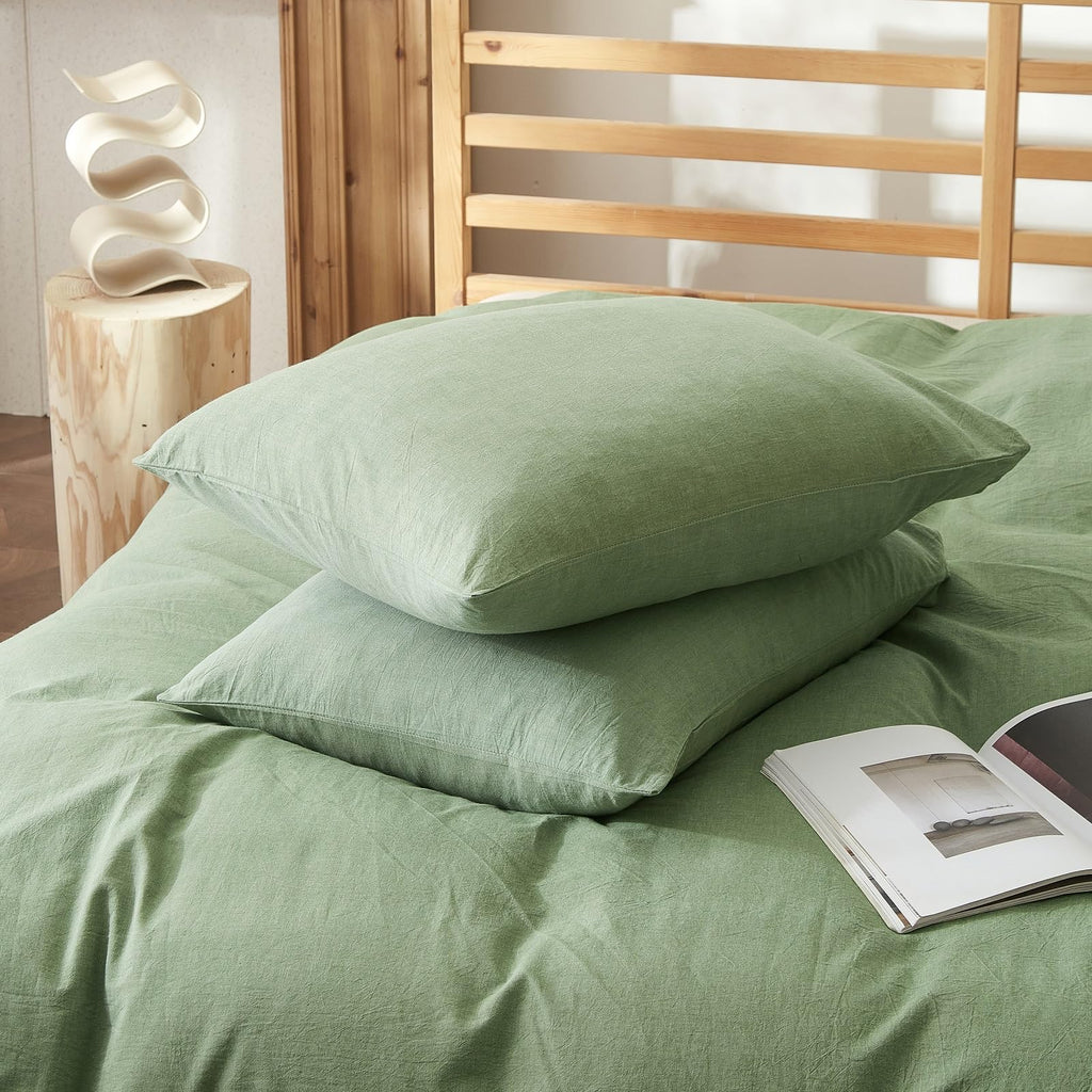 AMWAN Soft Sage Green Duvet Cover Twin 3 Piece Washed Cotton Bedding Sets Simple Style Light Green Comforter Cover Breathable Cotton Green Bedding Duvet Cover for Kids Boy Girl Adults Twin Bed Set