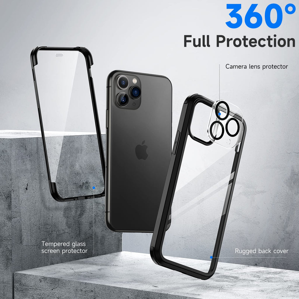seacosmo för iPhone 11 Pro Mobilskal, [9H HD] Integrerat Skärmglas och Linsskydd, 360 Grader Stöttåligt Fodral, Stötdämpande Skal för iPhone 11 Pro, Svart