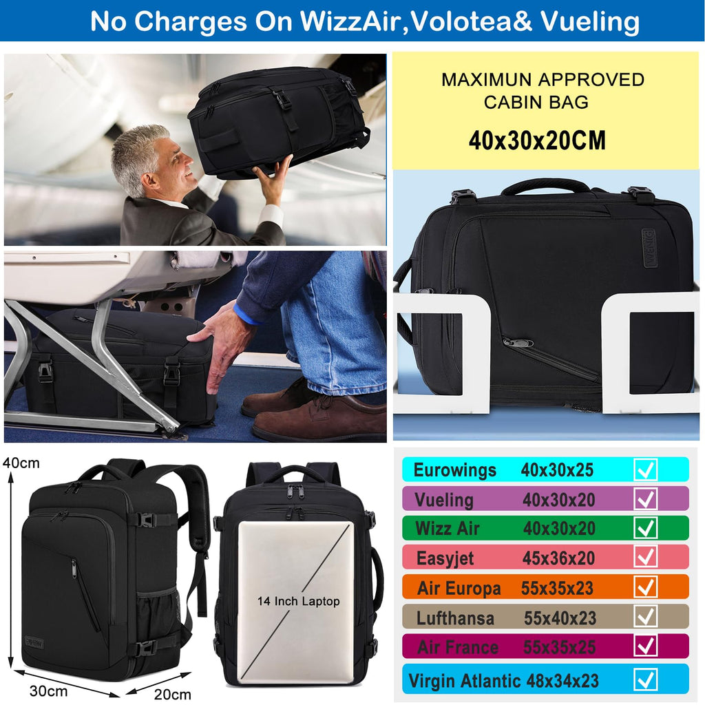 Handbagage Ryggsäck 40x30x20 för Ryanair Wizair Vueling 24L 40x30x20 Ryggsäck för Kabinbagage Under Sätet Reseryggsäck Handbagage med Laptopfack 14 tum Resryggsäck för Flygplan，Svart