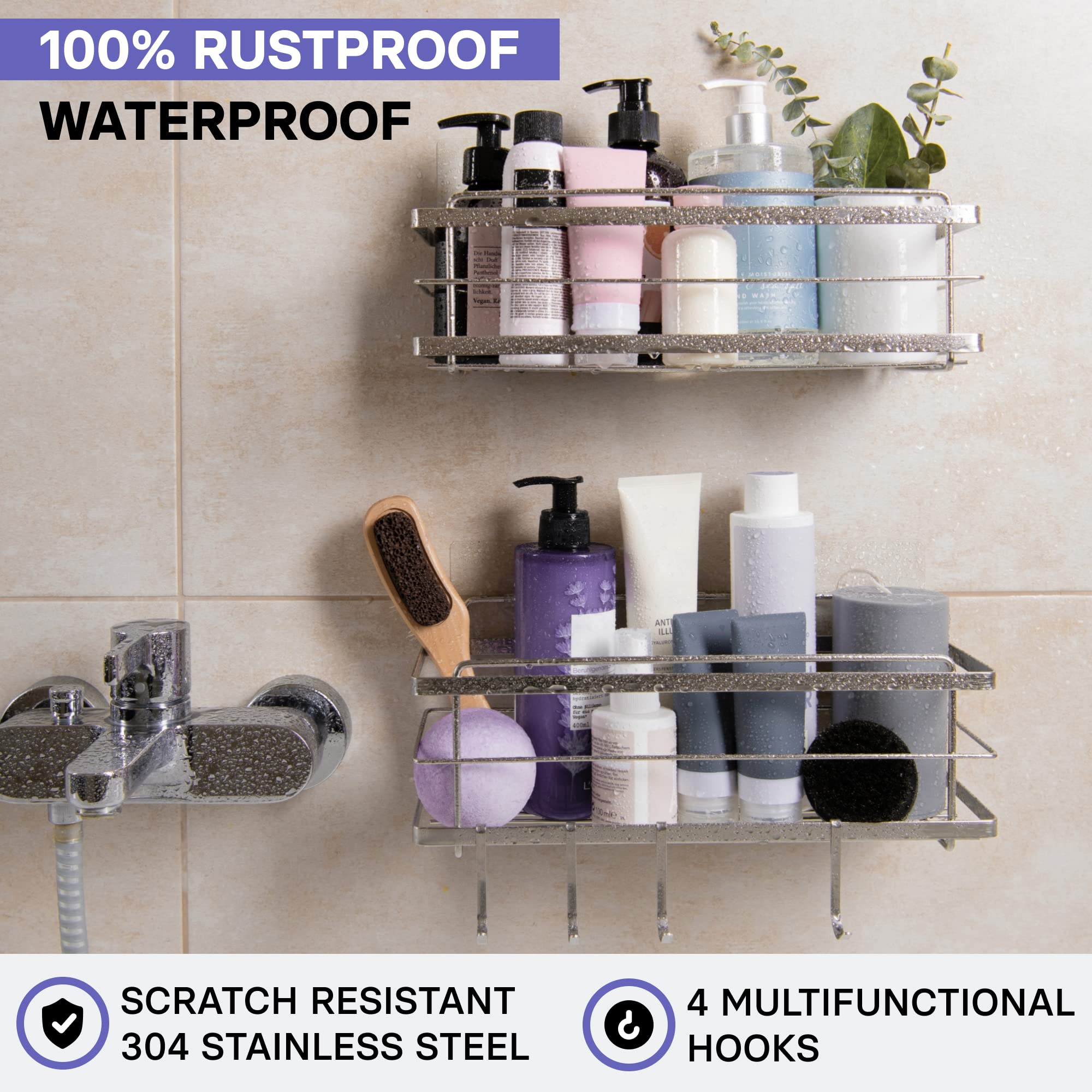 KINCMAX Shower Caddy Basket Shelf Pack of 2 - Adhesive Drill Free Kitchen or Bathroom Organiser Rack - Shower Storage Shelves for Inside Shower - w/Hooks for Accessories