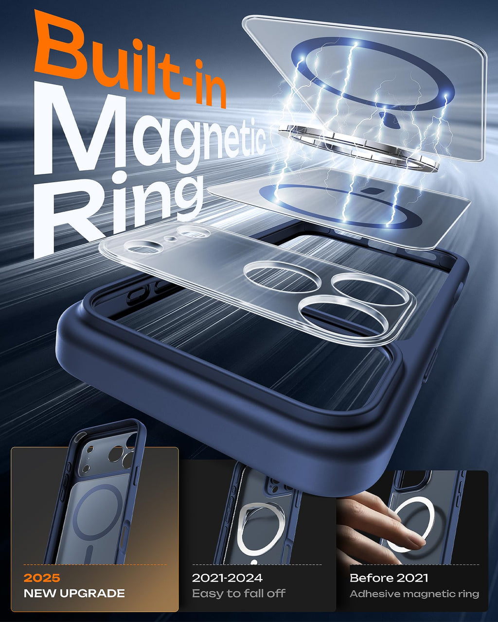 TOCOL Skal för iPhone 17 Pro, Kameraskydd, Integrerad Magnetring, Kompatibel med Magsafe, Fallskydd, Genomskinlig Matt Baksida, Mörkblå