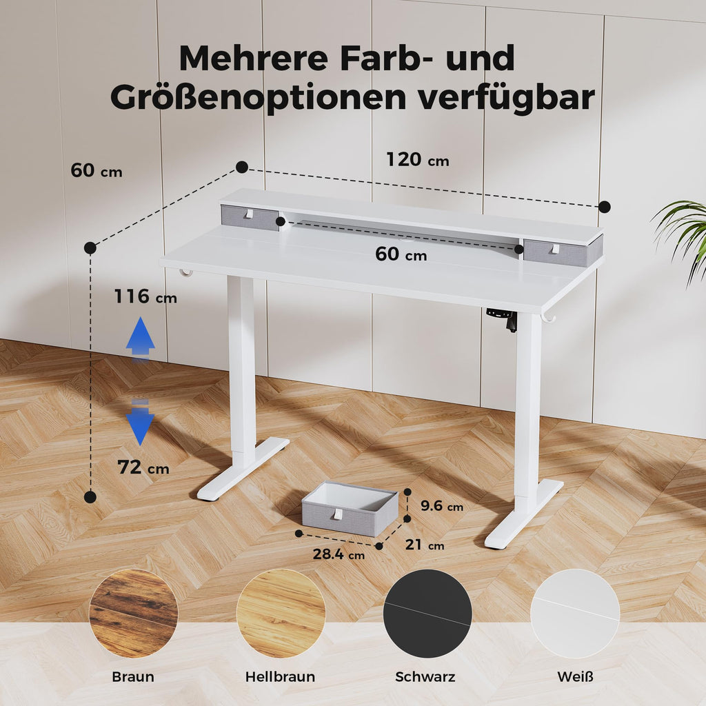 Agilestic Höjdjusterbart skrivbord med två lådor, 120 x 60 cm elektriskt datorskrivbord med minnesfunktion, skrivbord för kontor och hem, vit