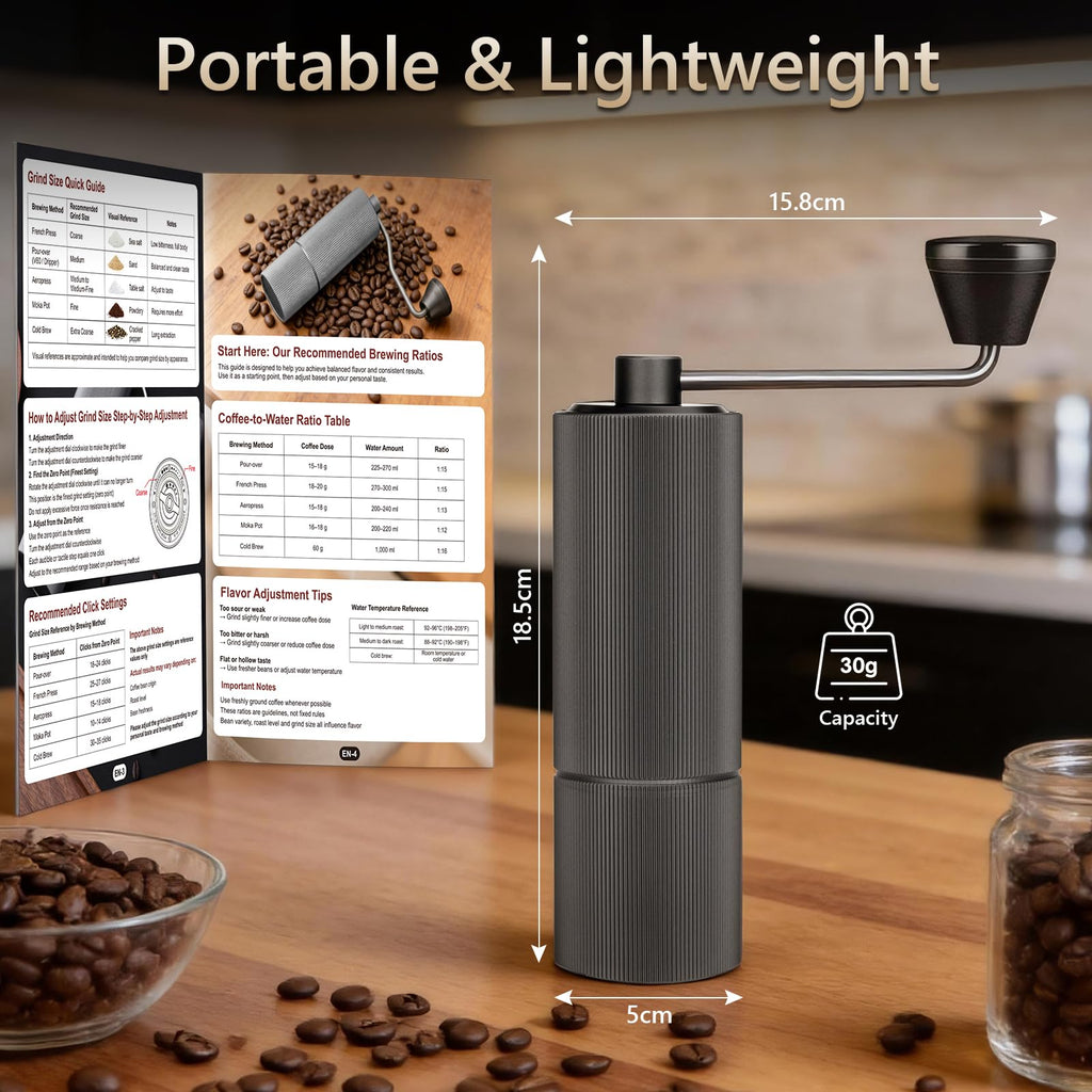 Manuell Kaffekvarn, Håndkaffekvarn med rostfritt stål konisk kvarnkärna, Portabel kaffebönkärnvärn med 30 nivåer justerbar inställning, för French Press, Espresso, Handgjort kaffe