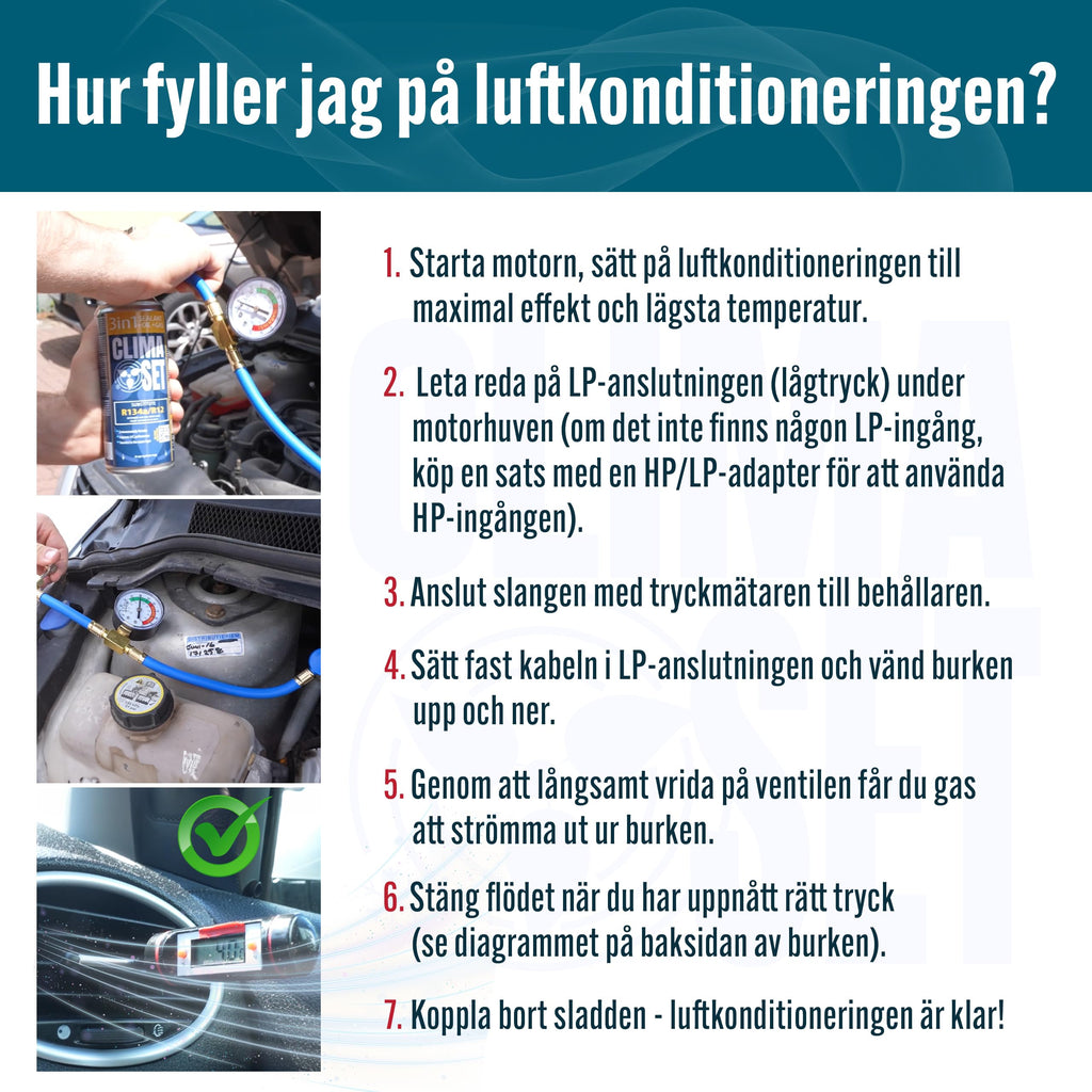ClimaSet A/C Gas för billuftkonditionering - R134a-ersättning – för bilar 1994 till 2016 – Naturmedvetna – Giftfri – Korrosionsbeständig – 5 delar – 1400 g