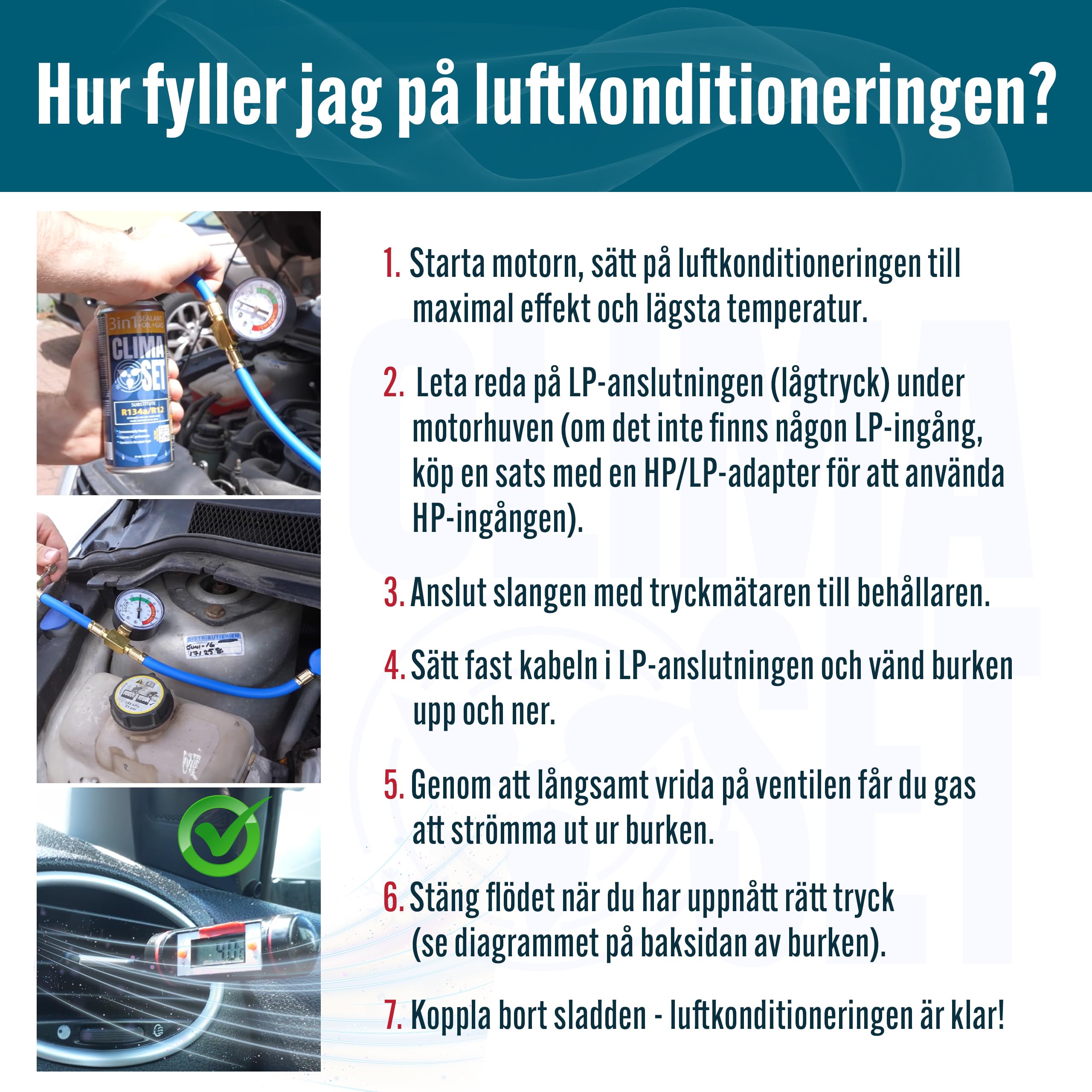 ClimaSet A/C Gas för billuftkonditionering - R134a-ersättning – för bilar 1994 till 2016 – Naturmedvetna – Giftfri – Korrosionsbeständig – 5 delar – 1400 g