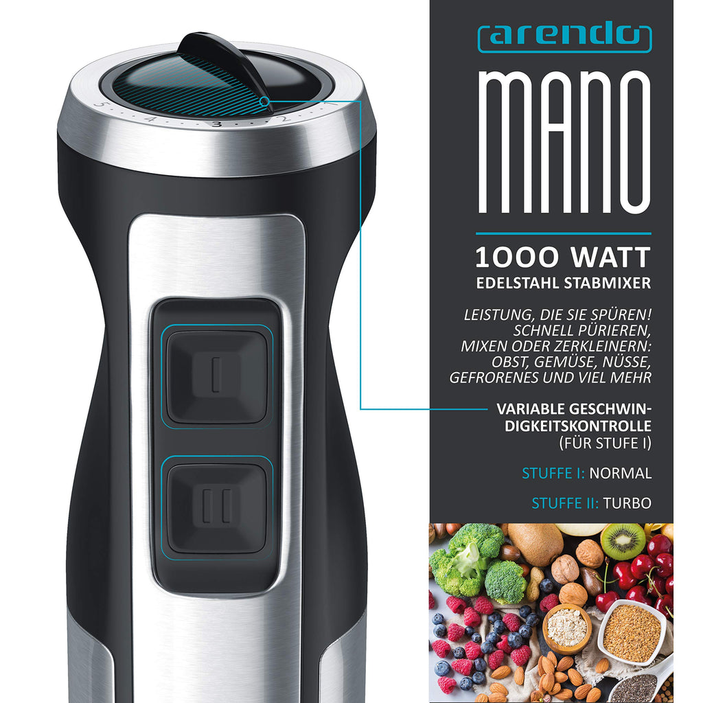 Arendo – stavmixer 1 000 watt rostfritt stål set – fyrbladig kniv – puréstav – steglös hastighetskontroll – turboknapp – avtagbar mixfot