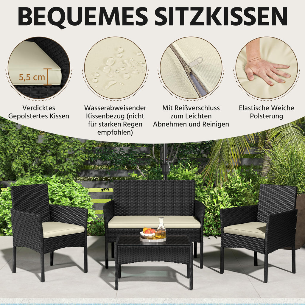 Yaheetech Set med 4 trädgårdsmöbler, balkongmöbler, sats av polyrattan terrassmöbler, utomhus med 2 soffor, 2 stolar, bord och sittdyna för terrass/balkong/trädgård, svart och beige