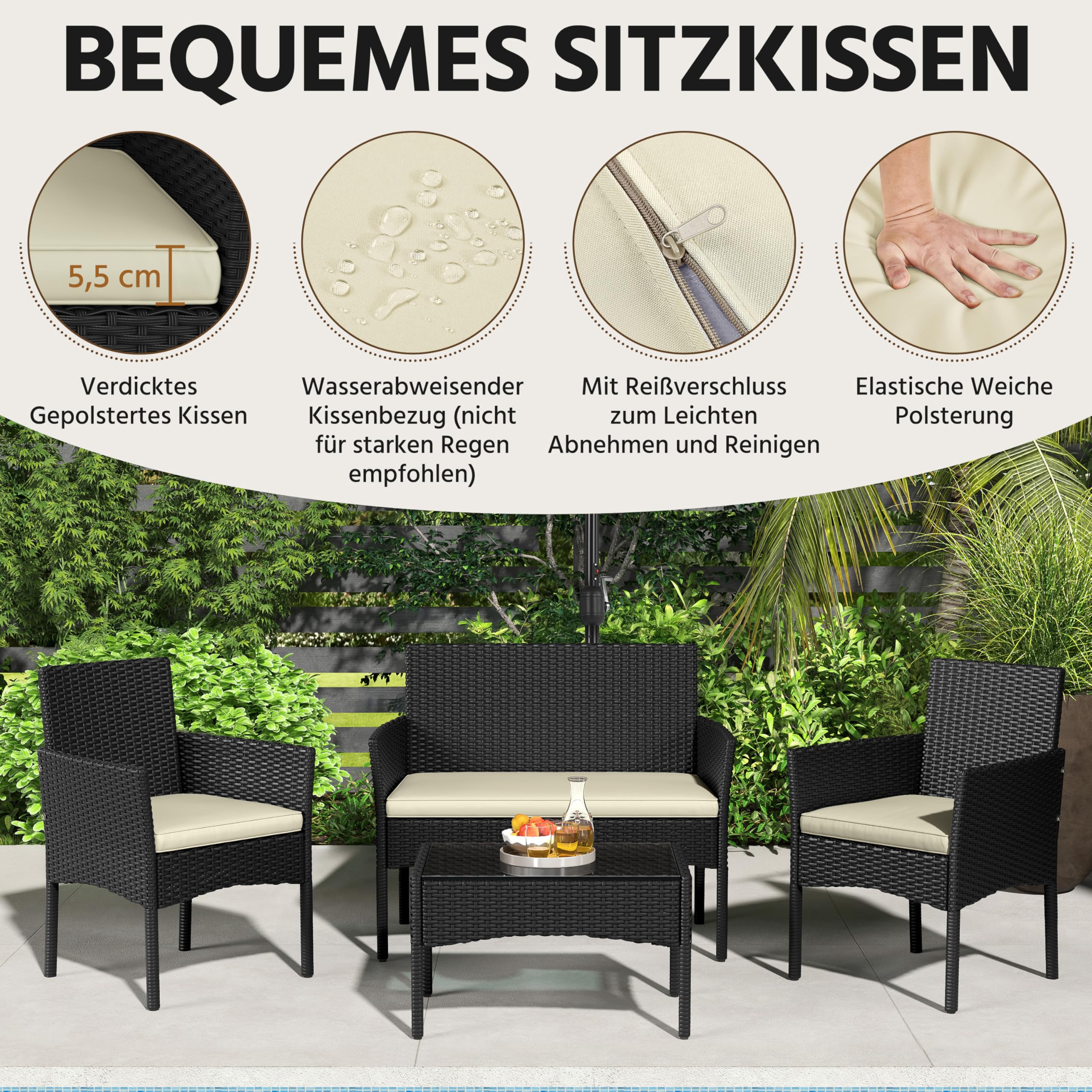 Yaheetech Set med 4 trädgårdsmöbler, balkongmöbler, sats av polyrattan terrassmöbler, utomhus med 2 soffor, 2 stolar, bord och sittdyna för terrass/balkong/trädgård, svart och beige