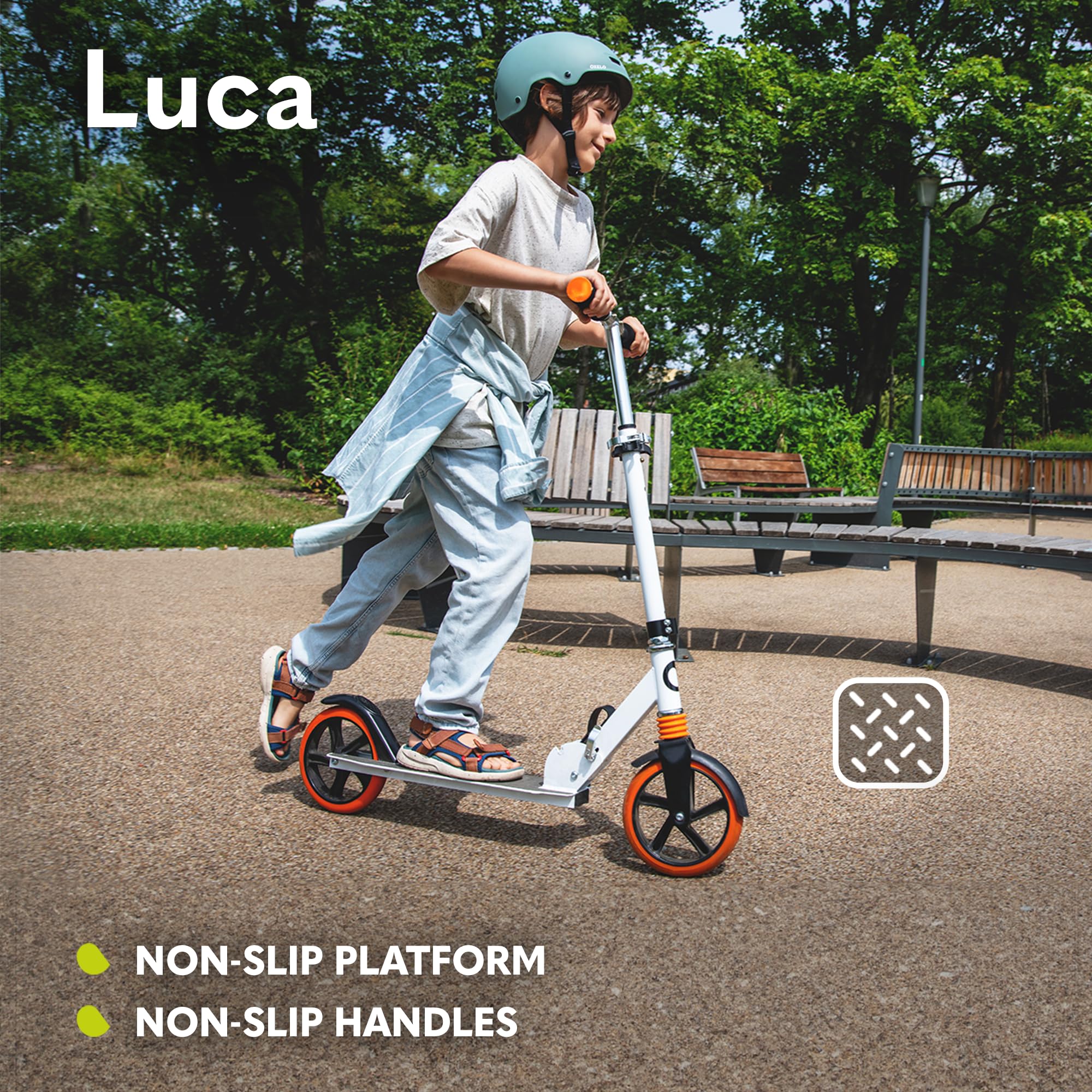LIONELO Luca Hopfällbar Sparkcykel för Barn (5+), Ungdom & Vuxen, Lätt Aluminium 4,1 kg, Stora 200 mm PU-hjul, ABEC-7-lager, ShockResist dämpare, upp till 100 kg, Justerbart Styre, Fotbroms & Sidostöd