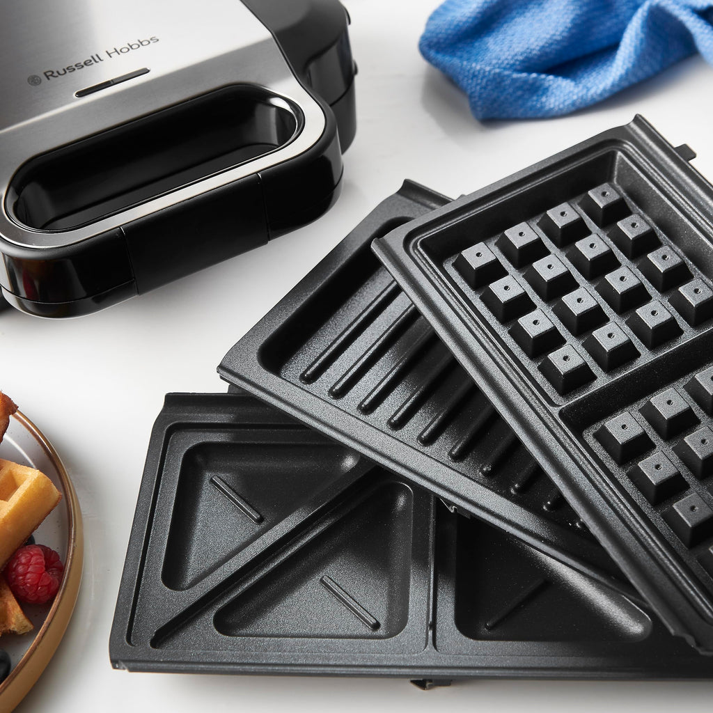Russell Hobbs Smörgåsgrill 3-i-1 [smörgåsar, belgiska våfflor, grill] diskmaskinssäkra plattor, non-stick beläggning & extra djupa plattor, BPA-fri) 26810-56.