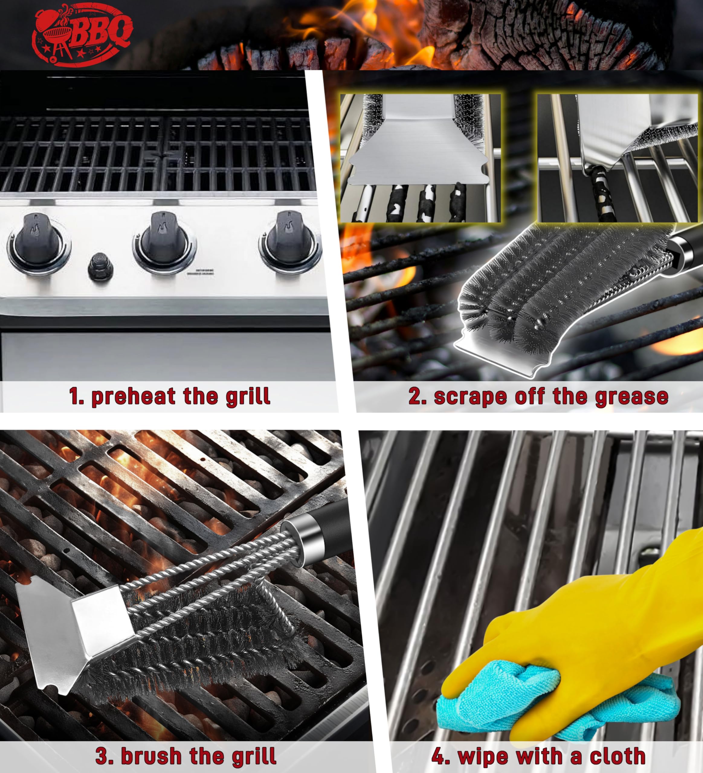 Grillborste, TNTOR grillrengöringsborste med extra långa borst i rostfritt stål, spatel i rostfritt stål och PP-värmeisolerande handtag, för gasgrill, kolgrill, kulgrill, elgrill och grillgaller.