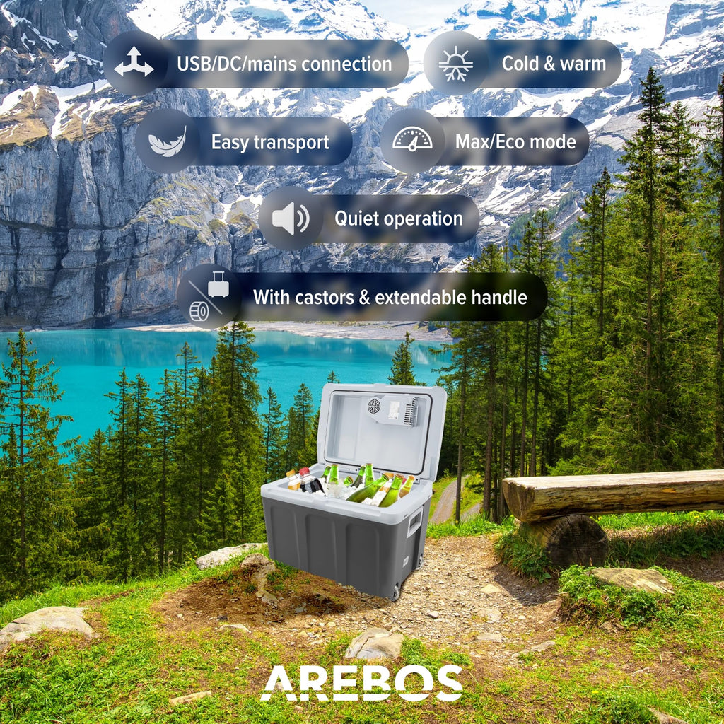 Arebos 40 liters kylbox | för kylning och varmhållning | minikylskåp | mobilt kylskåp med ECO-läge | 12/230 V för bil & uttag | elektrisk kylbox | kylväska | isolerad väska | antracit [energiklass E]