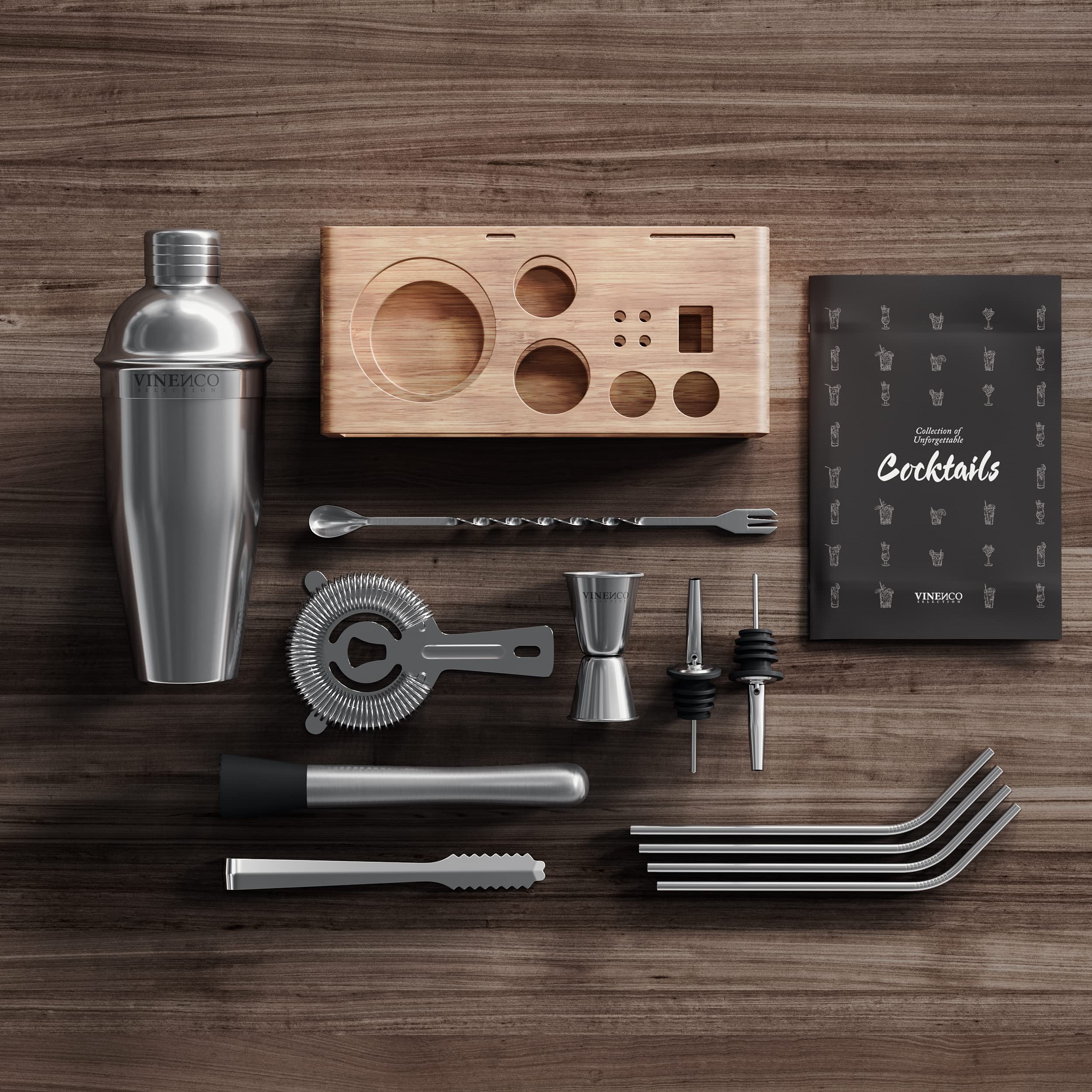 Cocktail Shakers Set Manhattan med Stand + Recept Bok: Premium Rostfritt Stål Bar Kit: Sil Dubbel Jigger Sked | Pro Bartender Making Drinks - Mojito Martini Gin Maker, Party Fest Gåva Låda Kvinnor Män