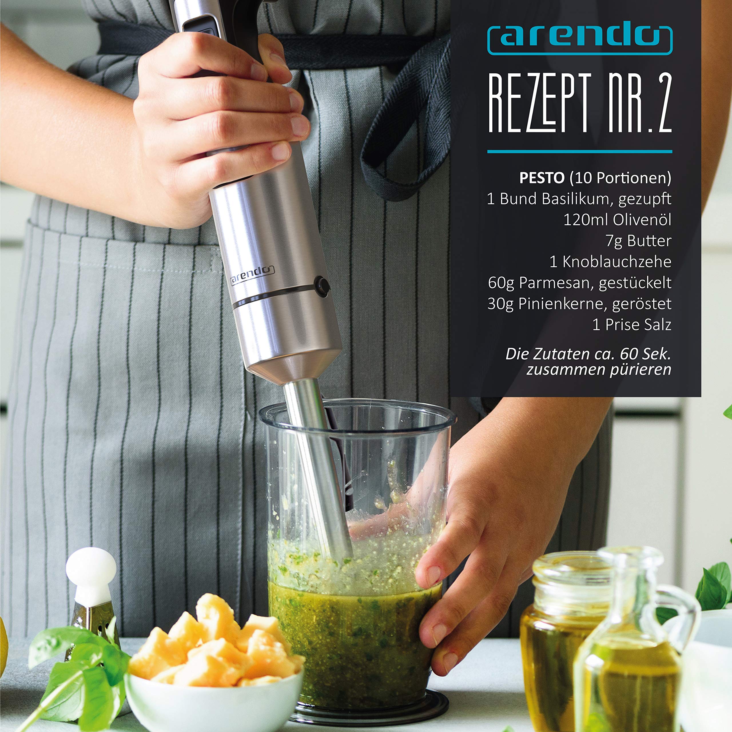 Arendo – stavmixer 1 000 watt rostfritt stål set – fyrbladig kniv – puréstav – steglös hastighetskontroll – turboknapp – avtagbar mixfot