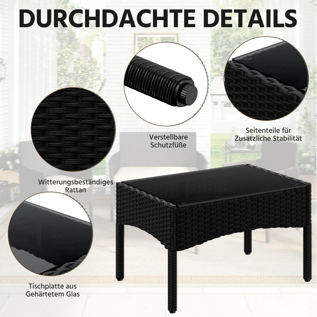 Yaheetech Set med 4 trädgårdsmöbler, balkongmöbler, sats av polyrattan terrassmöbler, utomhus med 2 soffor, 2 stolar, bord och sittdyna för terrass/balkong/trädgård, svart och beige