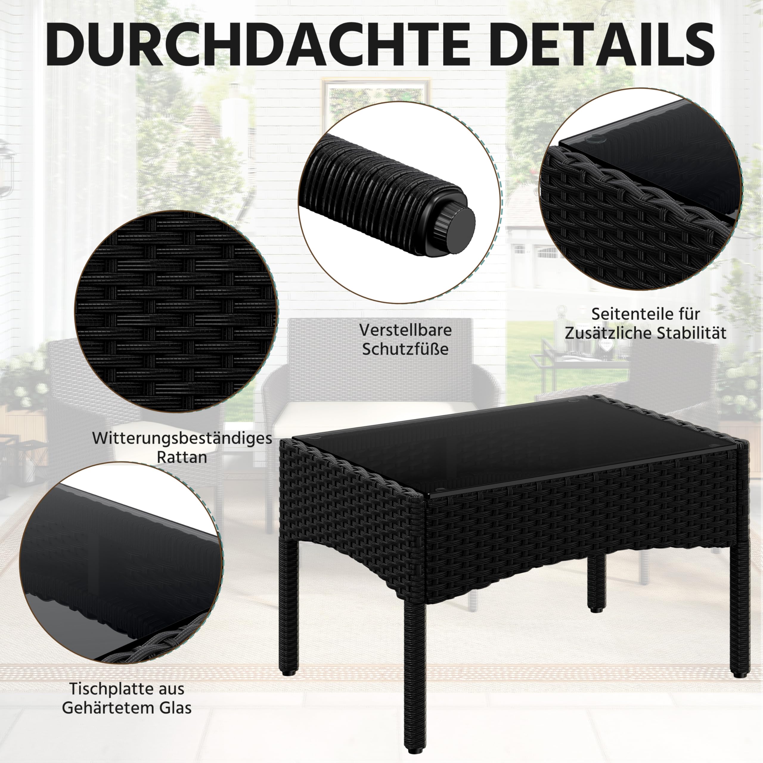 Yaheetech Set med 4 trädgårdsmöbler, balkongmöbler, sats av polyrattan terrassmöbler, utomhus med 2 soffor, 2 stolar, bord och sittdyna för terrass/balkong/trädgård, svart och beige