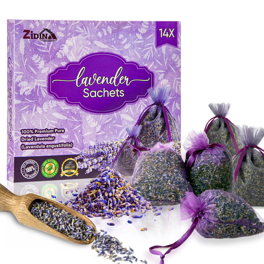 Lavendelpåsar – 14-Pack Lavendelpåsar för Garderob, Hem och Bil – Torkad Lavendel, Naturlig Mottavskräckare och Doftpåsar för Avkoppling och Fräsch Doft