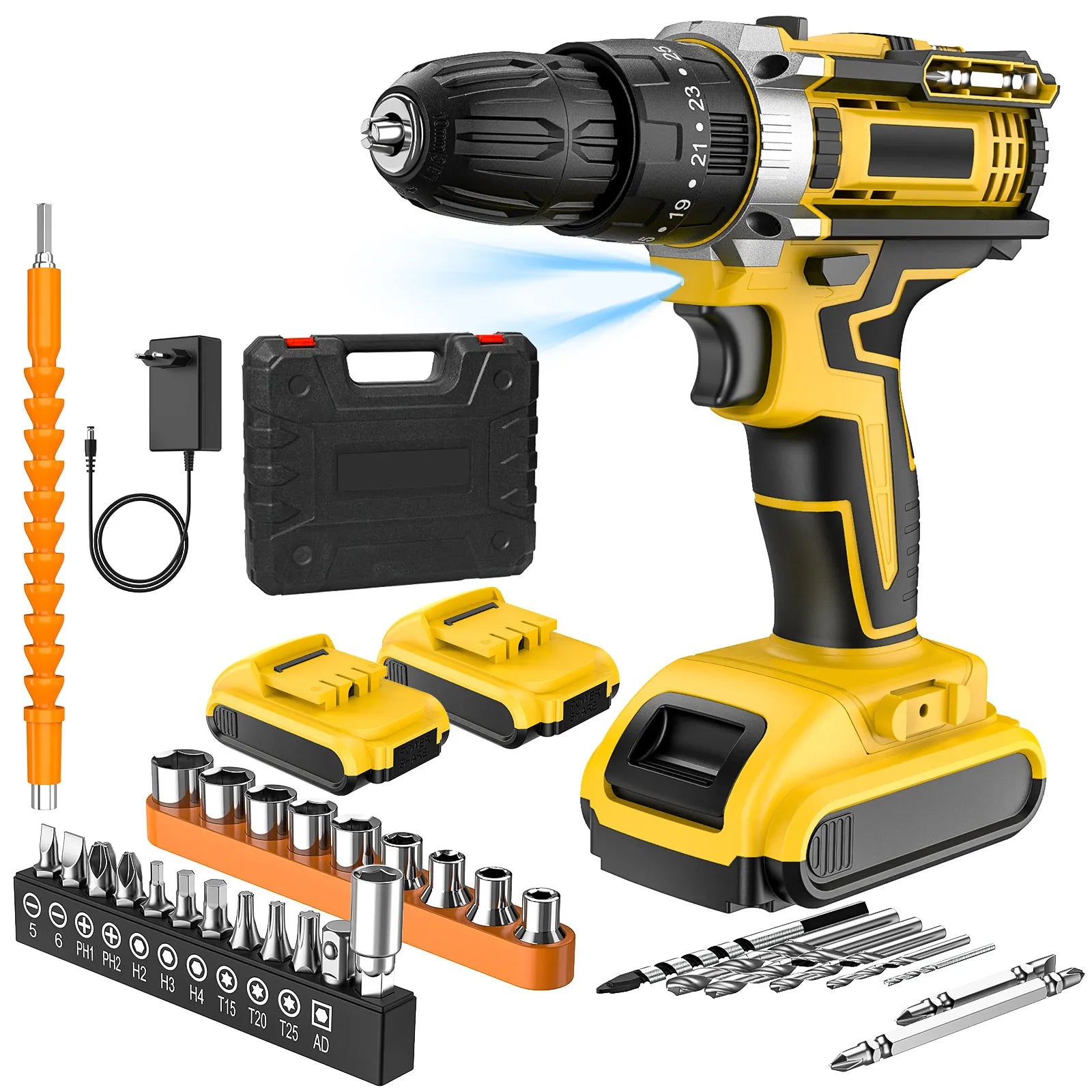 21V Cordless Electric Impact Drill Electric Screwdriver 25+3 Torque Compact Hand Drill Rechargeable Battery Electric Tools