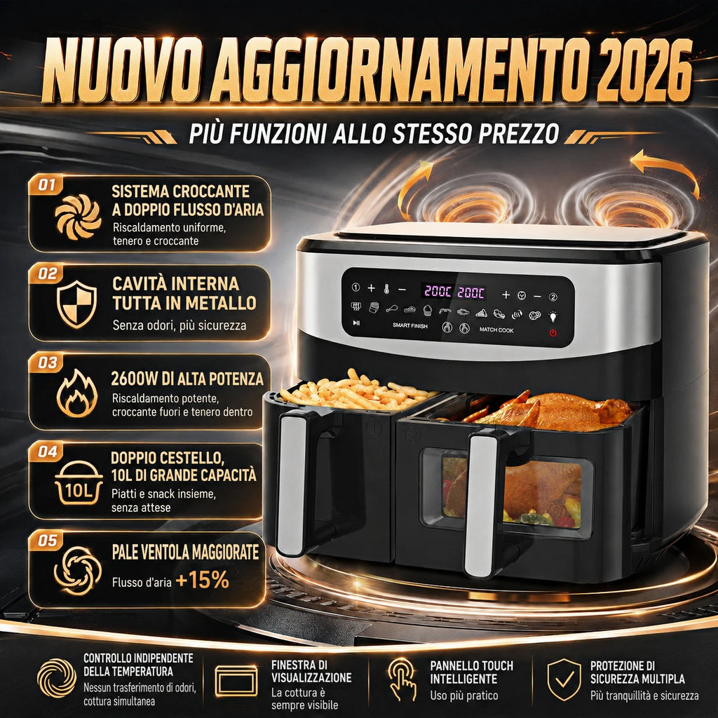 10L XXL air fryer with a dual basket 6L+4L, 2800W, check window, LED touchscreen
