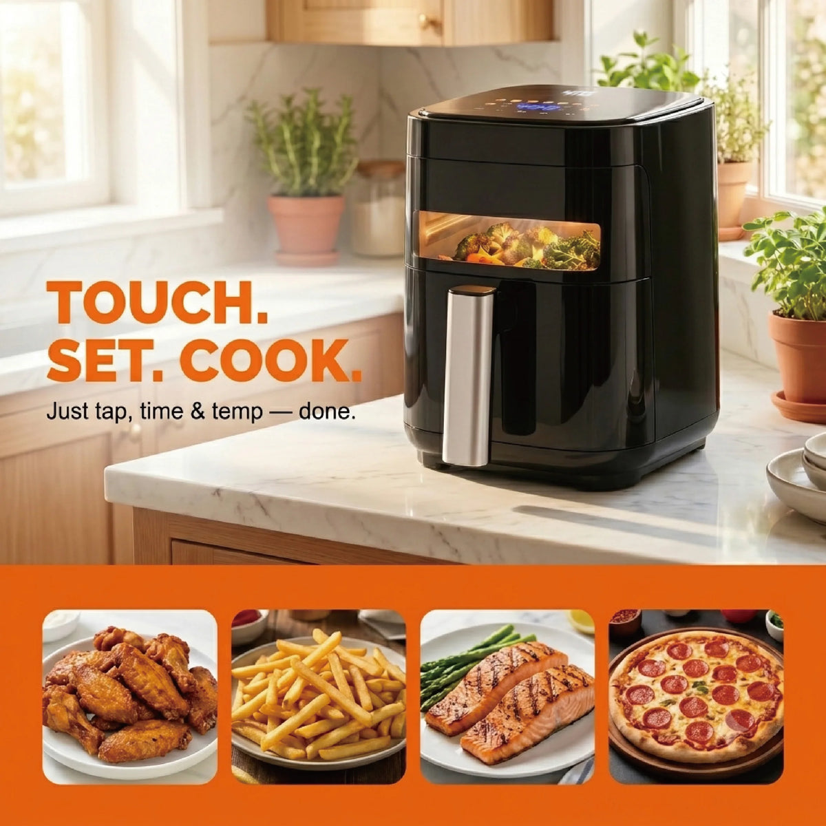 YMS 3.2QT Touchscreen Air Fryer with Visible Window, Black, 8-in-1