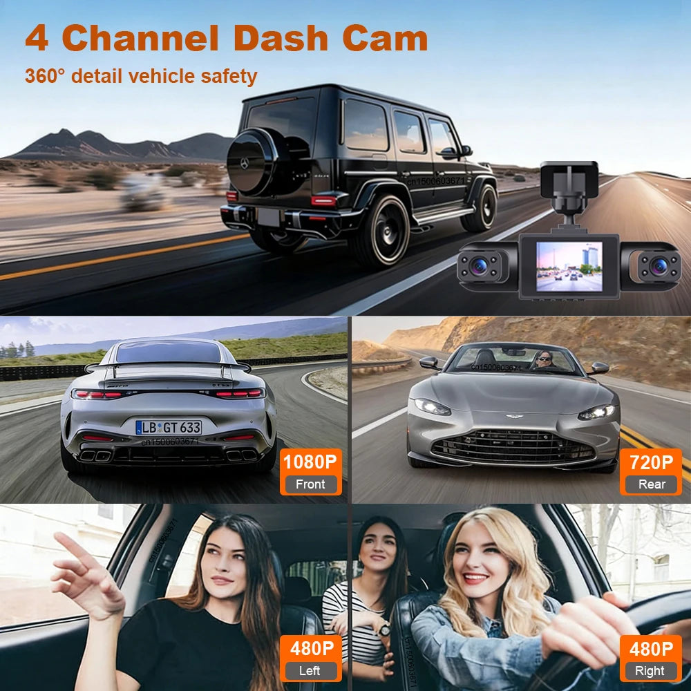 1080P 4 Camera Dash Cam for Cars Front Rear and Inside Car