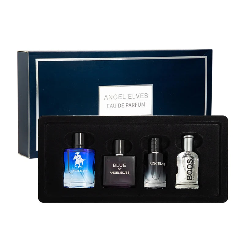 ANGEL ELVES 4Pcs Men Perfume Set Blue De Long Lasting Woody Ocean Scent Eau De Parfum Male Fragrance Gift Box For Daily Dating