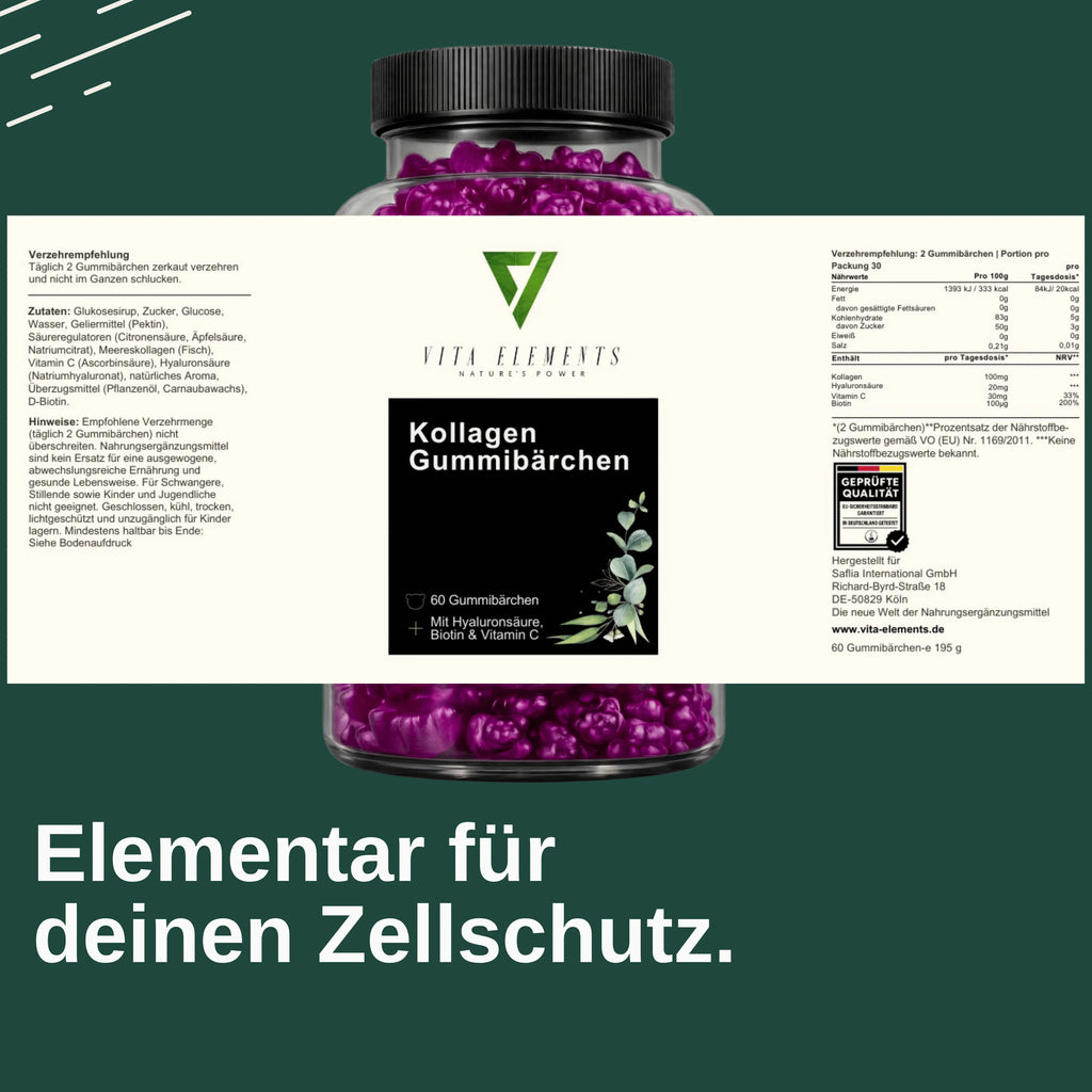 Collagen gummy bears | Lab-tested in Germany | Non-GMO | Dietary supplement | Gluten-free | With biotin and vitamin C | With marine collagen | Fruity taste | 60 gummy bears