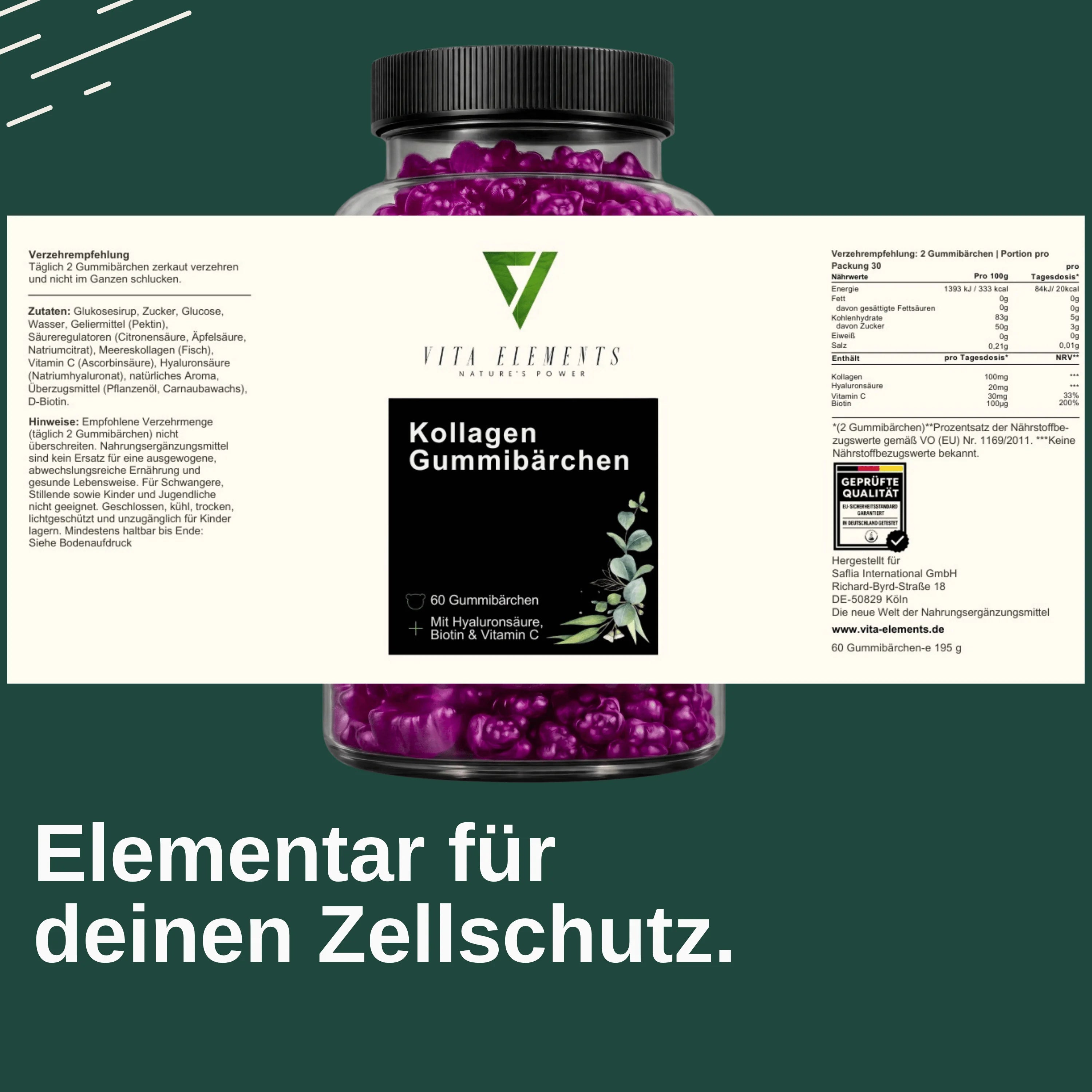 Collagen gummy bears | Lab-tested in Germany | Non-GMO | Dietary supplement | Gluten-free | With biotin and vitamin C | With marine collagen | Fruity taste | 60 gummy bears