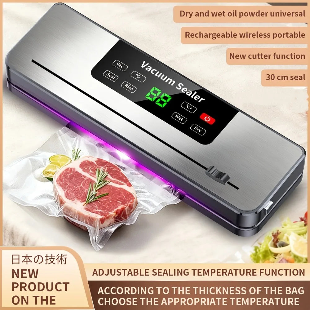 Rechargeable Cordless Sous Vide Machine, 30cm Adjustable Temperature Food Sealer with Built-In Food Cutter