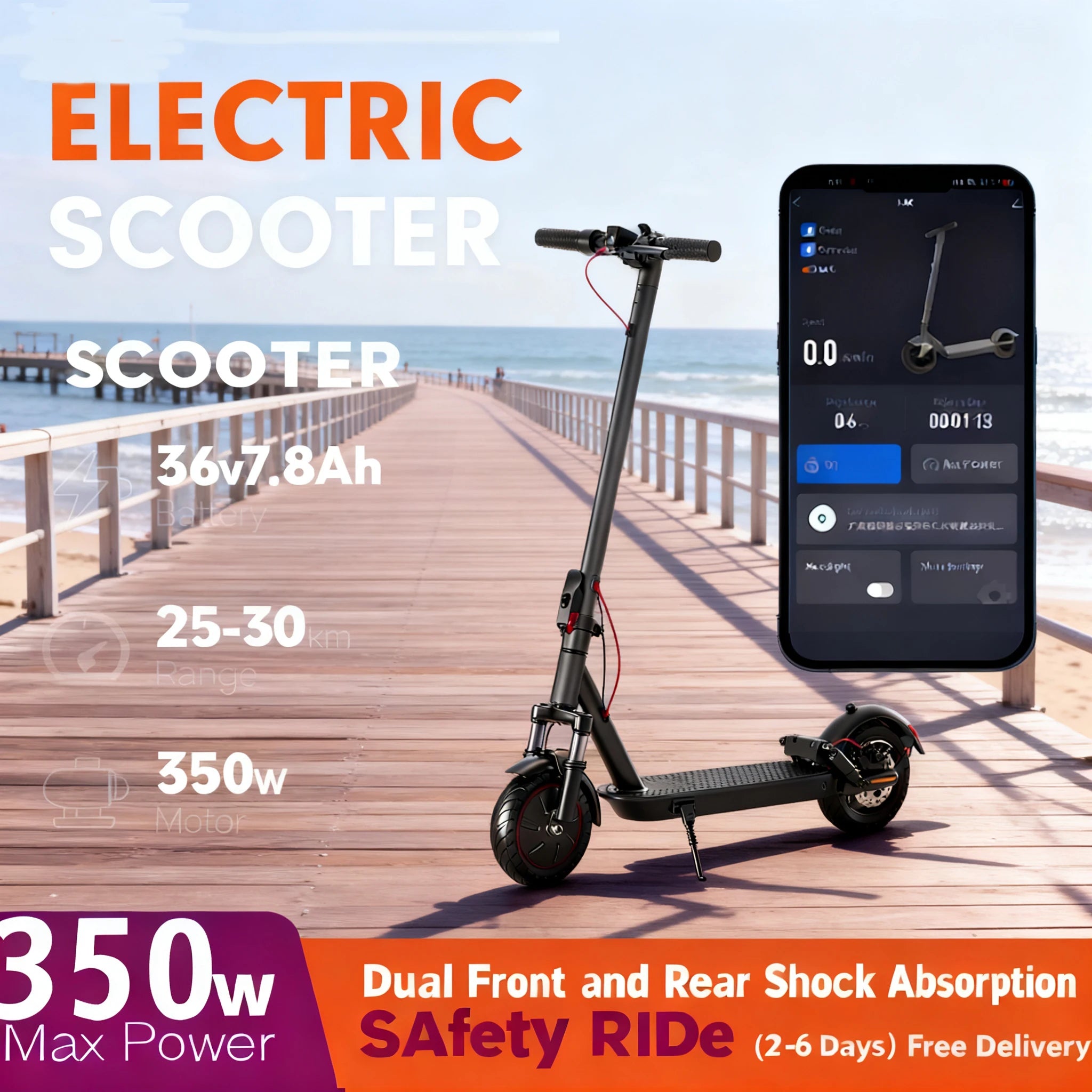 350W smart electric scooter is for you! Dual shock absorption minimizes buffering, Glide at 20KM/H along riverside paths.
