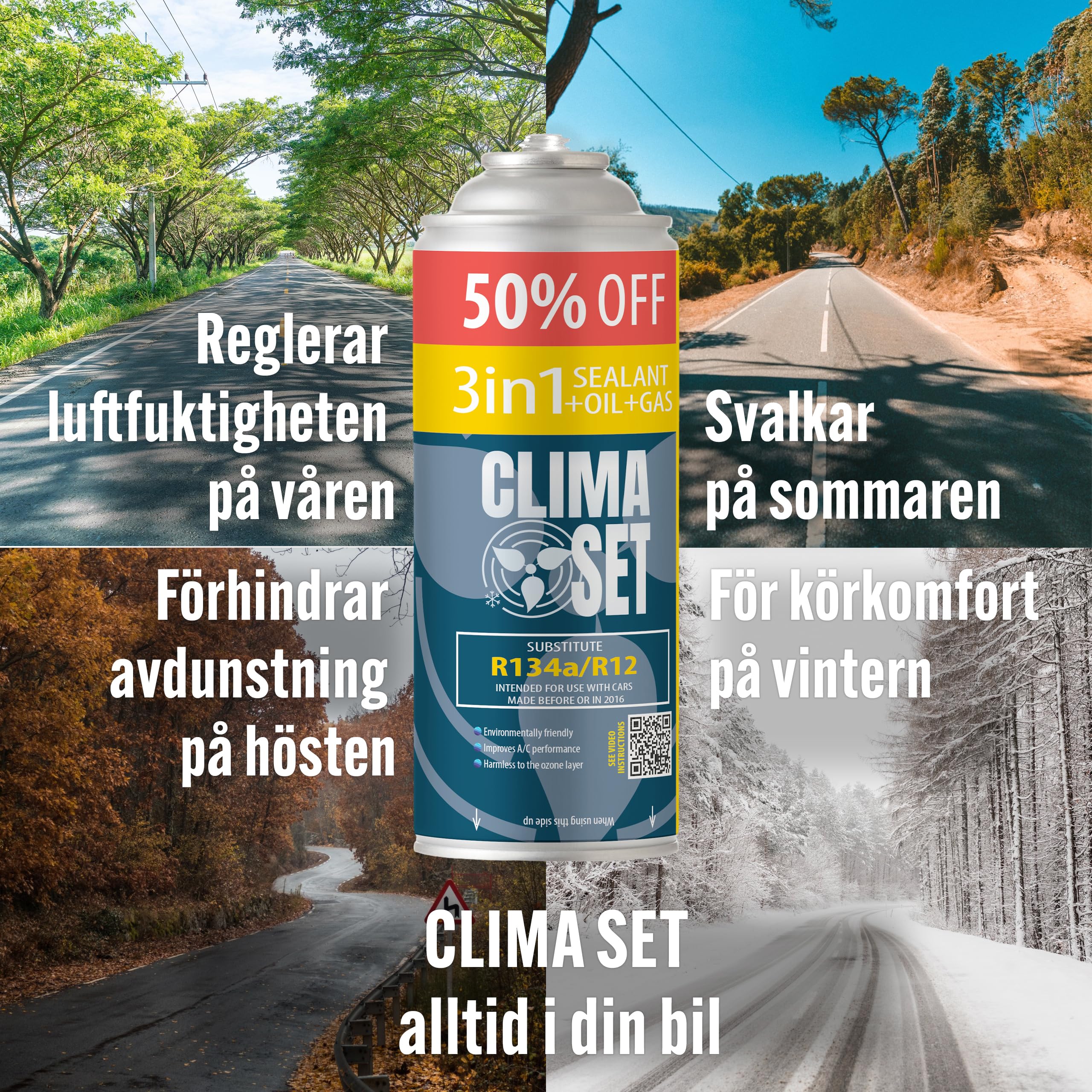 ClimaSet A/C Gas för billuftkonditionering - R134a-ersättning – för bilar 1994 till 2016 – Naturmedvetna – Giftfri – Korrosionsbeständig – 5 delar – 1400 g