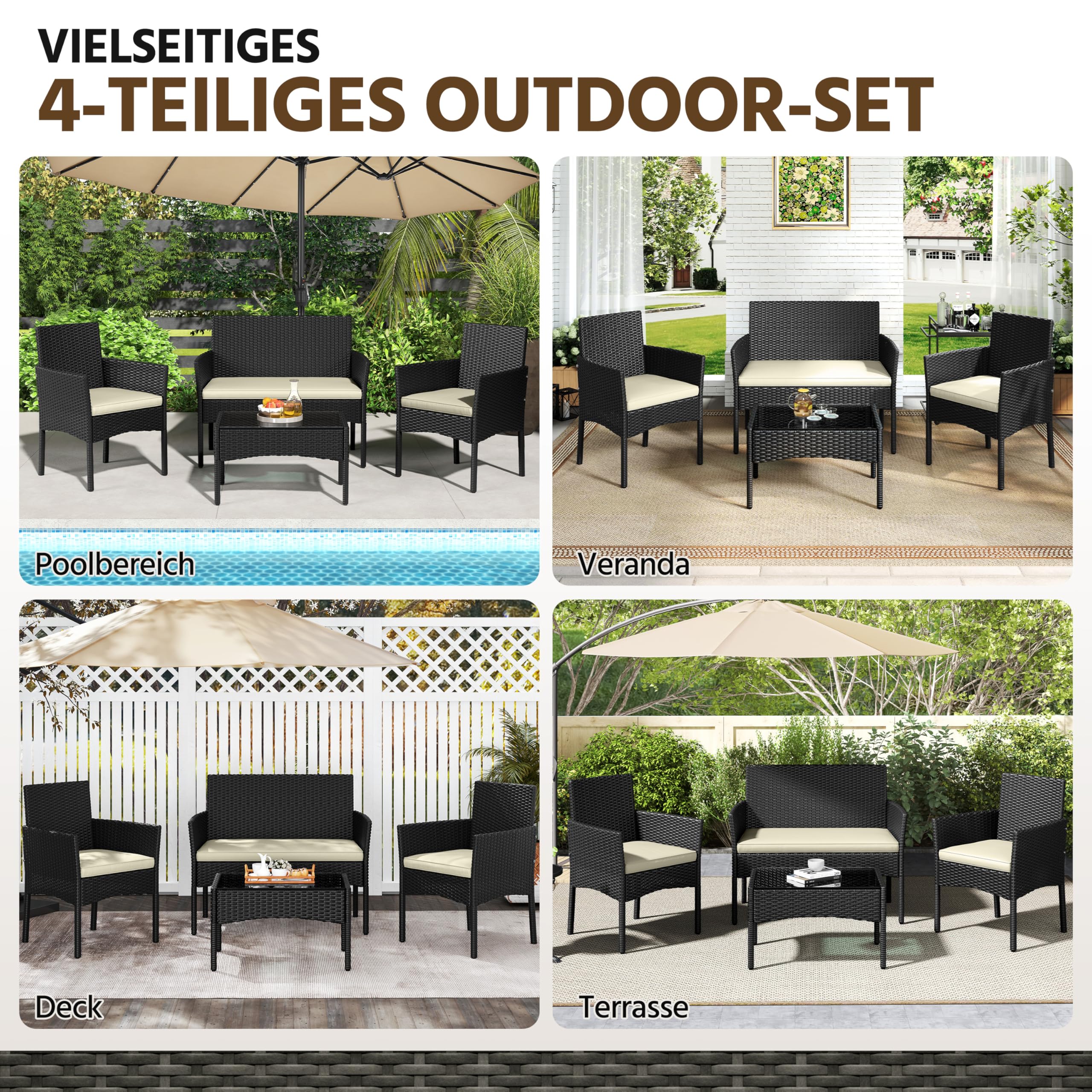 Yaheetech Set med 4 trädgårdsmöbler, balkongmöbler, sats av polyrattan terrassmöbler, utomhus med 2 soffor, 2 stolar, bord och sittdyna för terrass/balkong/trädgård, svart och beige